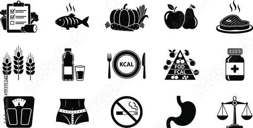 Healthy diet and nutrition icons set, calorie control weight loss food balance symbols, meal planning medical supplement lifestyle management, black vector illustration collection