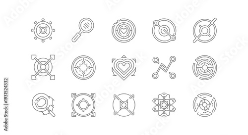 abstract line art icons depicting search strategy problem-solving and discovery for modern business and technology designs.