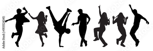 Dancing crowd, silhouettes in motion, jumping man dancer, jazz funk energy, hip hop scene