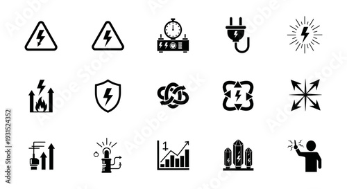 electrical power and energy icon set depicting concepts of danger safety generation distribution and growth.