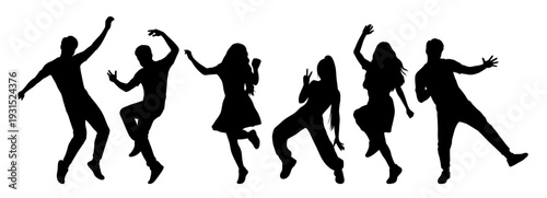 People in dance pose, silhouettes moving, jumping male dancer, jazz funk groove, hip hop style