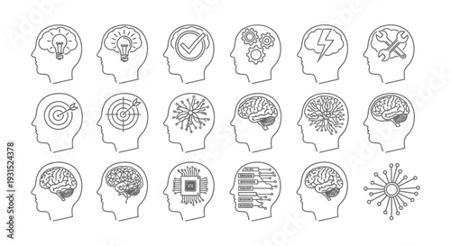 line art human heads depicting intelligence artificial intelligence and creative thought processes for technology.