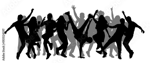 Crowd in motion, silhouette dancers, male performer mid jump, jazz funk rhythm, hip hop dance