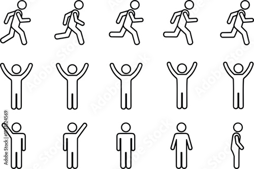 Human action and gesture icon set, running walking standing and cheering stick figures, minimal outline vector pictograms for fitness, sport, animation, infographic design