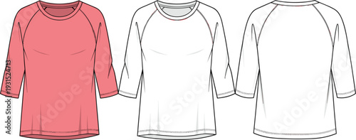 Women's 3/4 sleeve raglan t-shirt technical fashion flat vector sketch template with front and back views for apparel design and clothing mockup creation