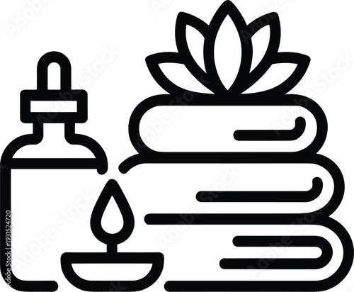Minimalist line-art icon set for spa, wellness, and aromatherapy featuring massage stones, lotus flower, and essential oil bottle.