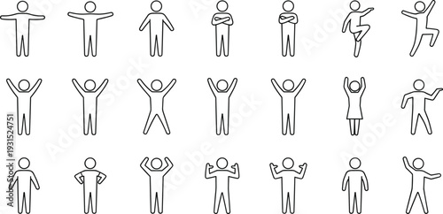 Human gesture and body pose icon set, stick figure characters showing emotions, actions and movements, minimalist line people silhouettes, infographic design, vector illustration