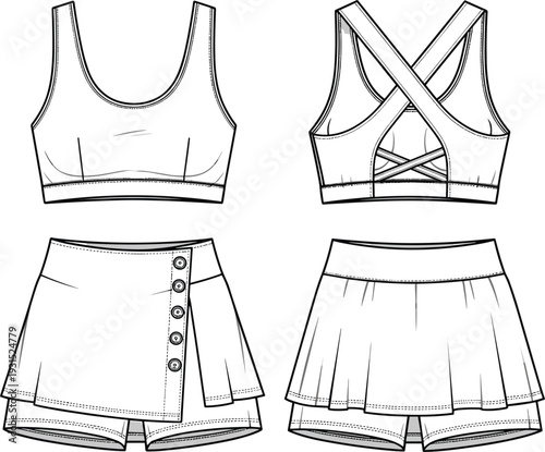 Women activewear sports bra and tennis skort set fashion technical flat sketch template with crossover back and button wrap detail CAD.