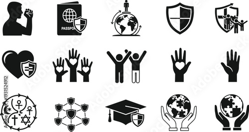 Human rights and global protection icon set, social justice, equality, security, charity, diversity, freedom, community support, humanitarian aid, vector illustration