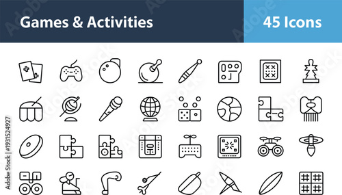 Large collection of 45 minimalist line-art icons for games, sports, and recreational activities.