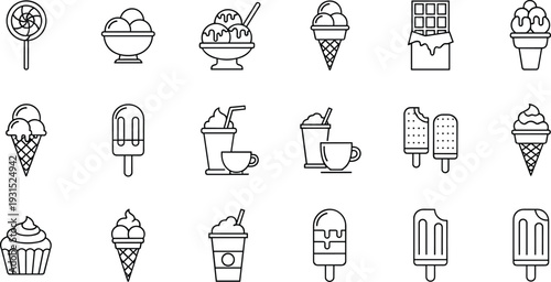 Ice cream and sweet dessert icon set featuring popsicles, cones, chocolate bars, milkshakes, cupcakes, lollipops, and frozen yogurt line art symbols for cafe, 20-24 words.