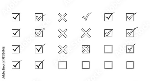 check mark and cross symbols grid illustrating various selection approval and rejection states for user interface design