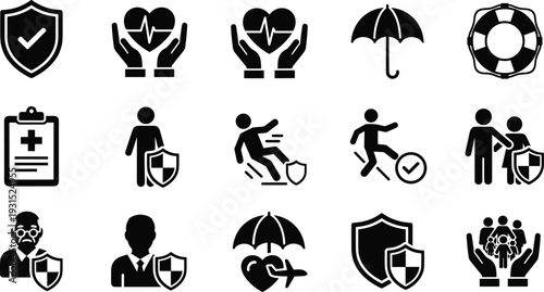 Insurance and protection icons set, health, life, travel, accident, security, safety, shield, coverage, risk management, support services vector illustration