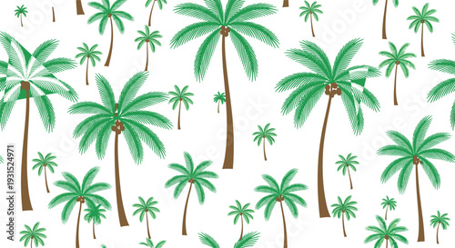 Seamless tropical palm tree pattern vector illustration with green coconut trees on white background for summer wallpaper and flavector brand.