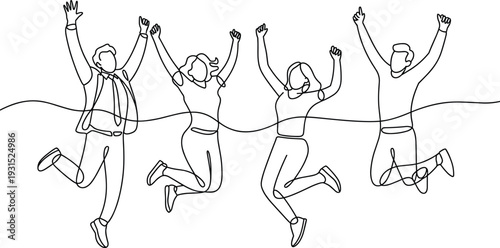 Minimalist continuous line-art illustration of a group of four people jumping in celebration of success.
