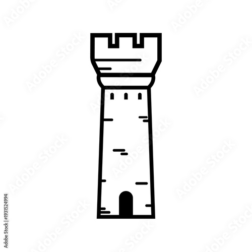Illustration vectorielle minimaliste représentant une tour de château breton en dessin au trait noir et blanc. Symbole du patrimoine historique et médiéval de la Bretagne.