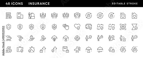 Insurance icon collection. Shield, protection, care, social security, safety, coverage, risk management, financial protection and more. Editable stroke. Pixel Perfect. Grid base 32 x 32.