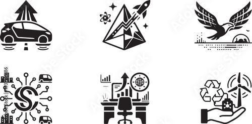 Future Transportation Technology and Environmental Sustainability Icons
