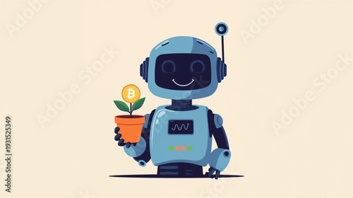 Humanoid holding bitcoin sprout in pot