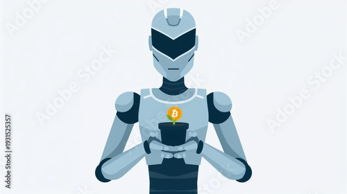 Humanoid holding bitcoin sprout in pot