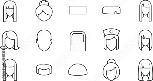 Female hairstyle outline icon set, women hair avatars, nurse cap, bald head, bun haircut, minimalist line vector illustration, profile symbols, UI design elements
