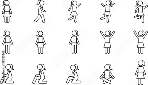 Female stick figure activity icon set, woman walking jumping sitting standing poses, minimalist outline vector illustrations for fitness, yoga, app interface, isolated on white background
