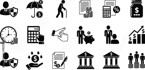 Finance and business icons set, investment, insurance, savings, banking, calculator, growth chart, money management, retirement planning, accounting, vector illustration