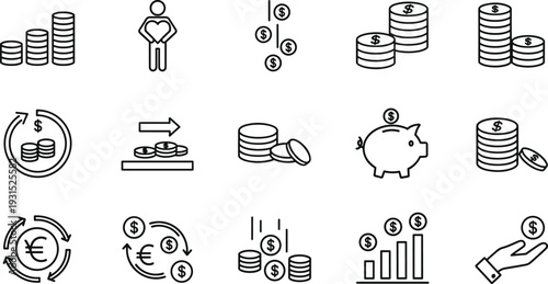 Finance and savings icon set, money growth, investment, profit, coin stacks, piggy bank, currency exchange, business analytics, minimalist vector illustration