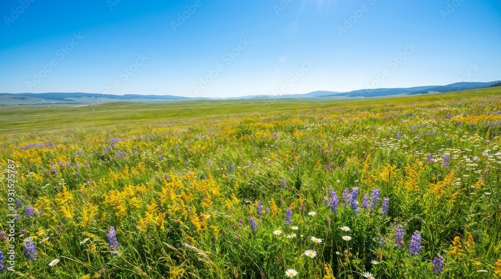 Fototapeta premium Vast Meadow Bursting with Wildflowers Under a Clear Blue Sky