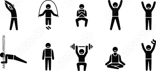 Fitness and workout icon set, exercise poses, yoga meditation, jumping rope, weightlifting, stretching, healthy lifestyle symbols, black silhouette vector collection