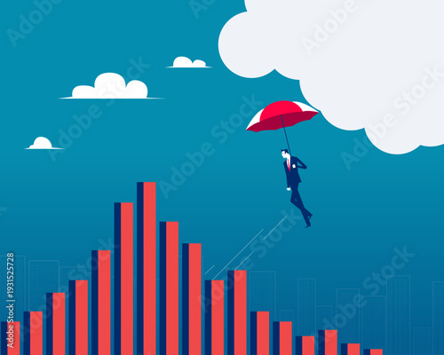 Financial insurance. Businessman with umbrella falling from the heights of the bar chart to the lows