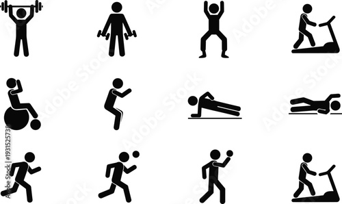 Fitness workout and exercise silhouette icon set, strength training, cardio, running, weightlifting, 