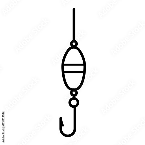 Illustration vectorielle minimaliste représentant un hameçon de pêche avec flotteur, en dessin au trait noir et blanc. Symbole du littoral et de la tradition maritime bretonne.