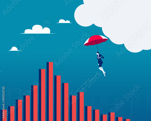 Financial insurance. Businesswoman with umbrella falling from the heights of the bar chart to the lows