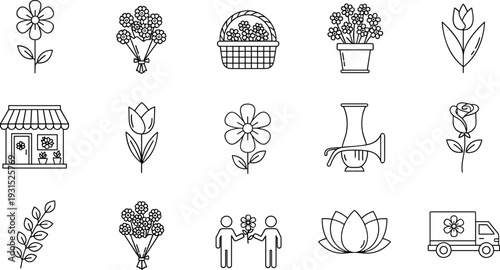 Floral line icon set, flower shop elements, bouquet, vase, potted plant, delivery truck, botanical symbols, minimal outline illustration, gardening and floristry design, isolated on white background