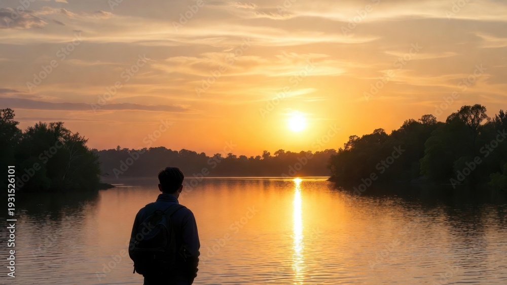 Fototapeta premium Person with backpack watching sunrise by tranquil lake shore.