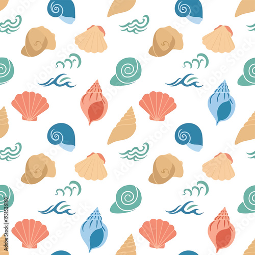Seamless Pattern with Colorful Seashells and Ocean Waves.