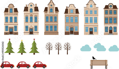 European city buildings with trees cars clouds and bench urban architecture vector illustration set