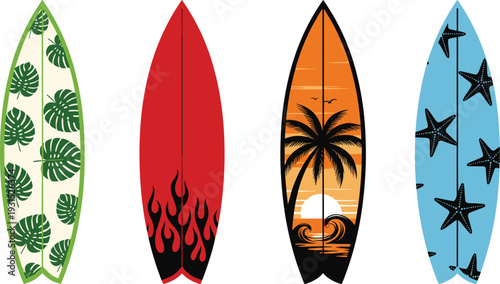 Colorful surfboards with tropical leaves sunset palm tree flames and starfish summer beach vector illustration