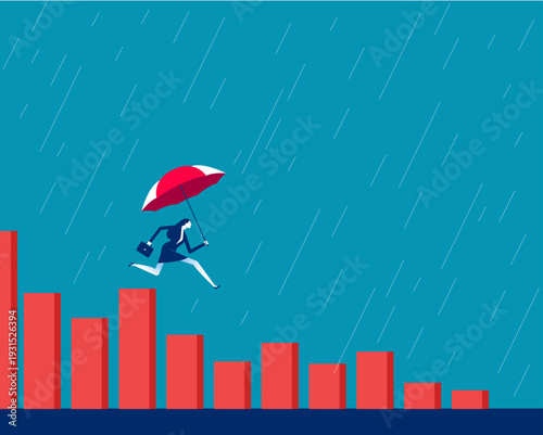Financial insurance. Businesswoman with umbrella falling from the heights of the bar chart to the lows