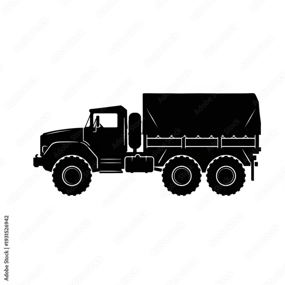 Fototapeta premium Black Silhouette Military Cargo Truck Side View – Solid Vector Isolated on White