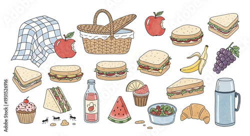 Assorted Picnic Food Items and Basket Illustration.