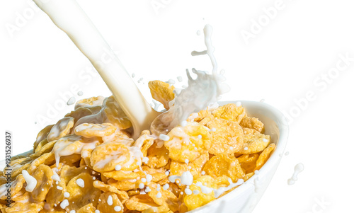 PNG, a stream of milk pouring into a cup over yellow cornflakes. Close-up, transparent background, large photo, high resolution, large size, pattern, design