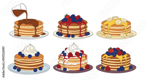 Assorted stacks of delicious pancakes topped with chocolate syrup fresh fruits whipped cream and maple syrup in six styles.