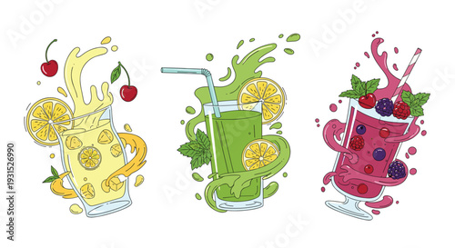 Set of three vibrant and refreshing summer cocktails in tall glasses with dynamic fruit splashes of lemon and mixed berries.