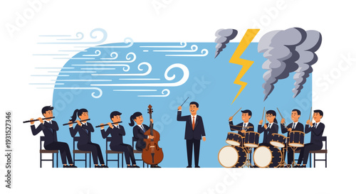Orchestra playing music during a storm with wind and lightning.