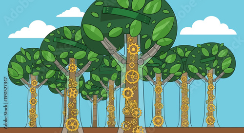 Mechanical Trees with Gears and Cogs Symbolizing Industry and Nature.