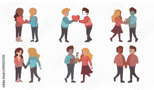 Whimsical Valentine’s Day couples in love cartoon vector character set