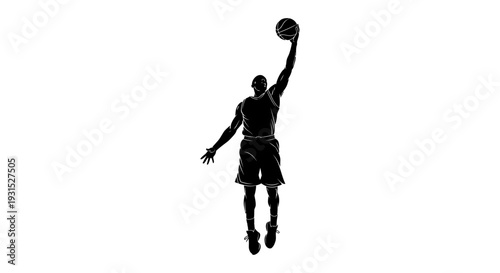 a dynamic silhouette of a basketball player jumping high for a powerful dunk perfect for sports design and athletic themes.