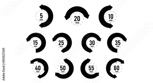 a set of essential black and white timer icons displaying various minute intervals for time management countdowns and digital interfaces